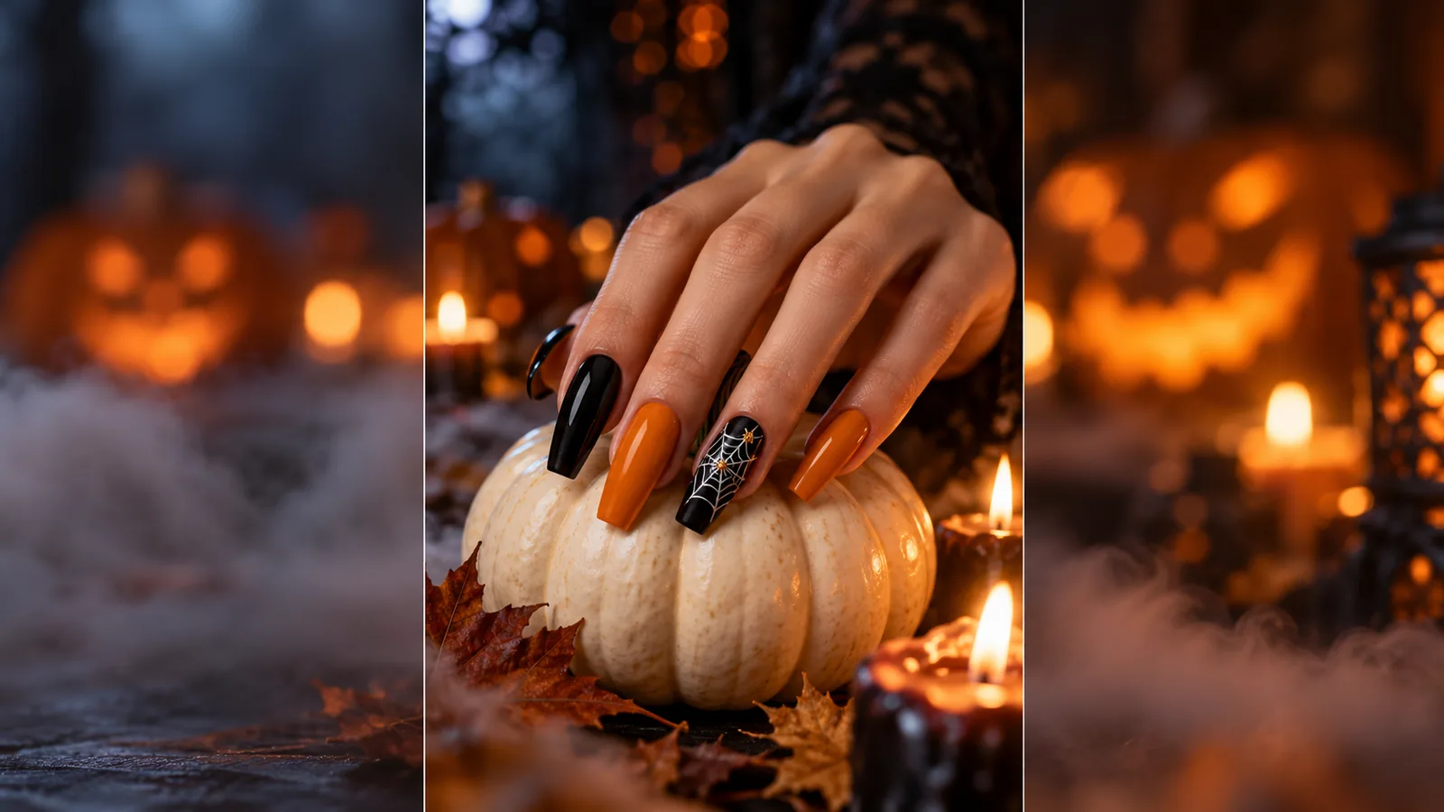 Video ngắn Halloween cho tiệm nail: bàn tay móng cam đen giữa bí ngô và khói sương (Gemini Omni)