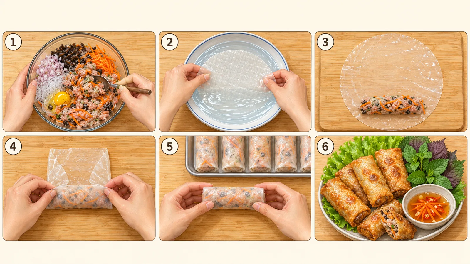 Thẻ hướng dẫn cuốn chả giò 6 bước có hình minh họa cho lớp nấu ăn, tiệm, con cháu