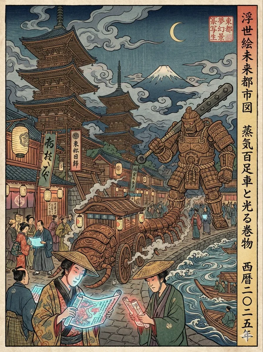 Tranh khắc gỗ ukiyo-e vẽ lại cảnh phố hiện đại: điện thoại thành cuộn giấy, tàu điện thành rết gỗ