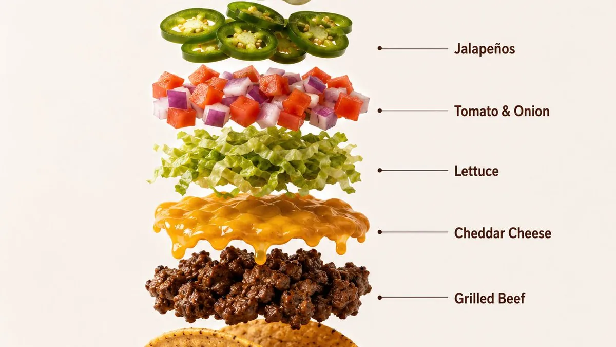 Ảnh quảng cáo taco bò và ảnh tách lớp nguyên liệu có chú thích: một prompt cho cả hai