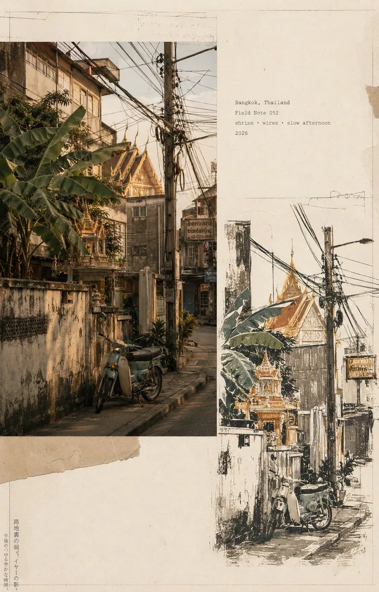 Collage nhật ký du lịch kiểu cổ 4 thành phố: ảnh phố và tranh in lụa vẽ tay trên giấy cũ