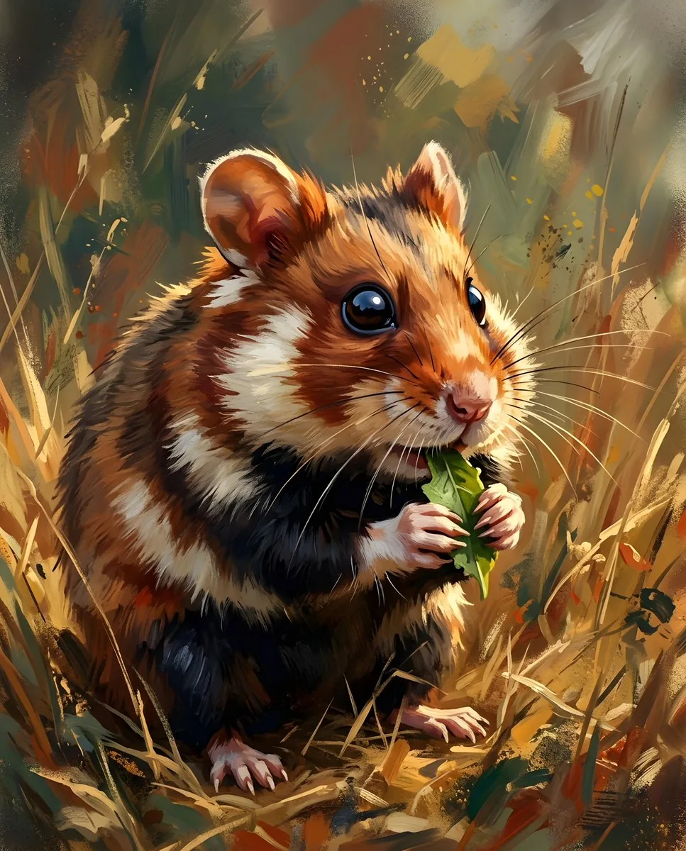 Ảnh động vật hoang dã cận cảnh: chú chuột hamster ôm lá ăn giữa cỏ khô