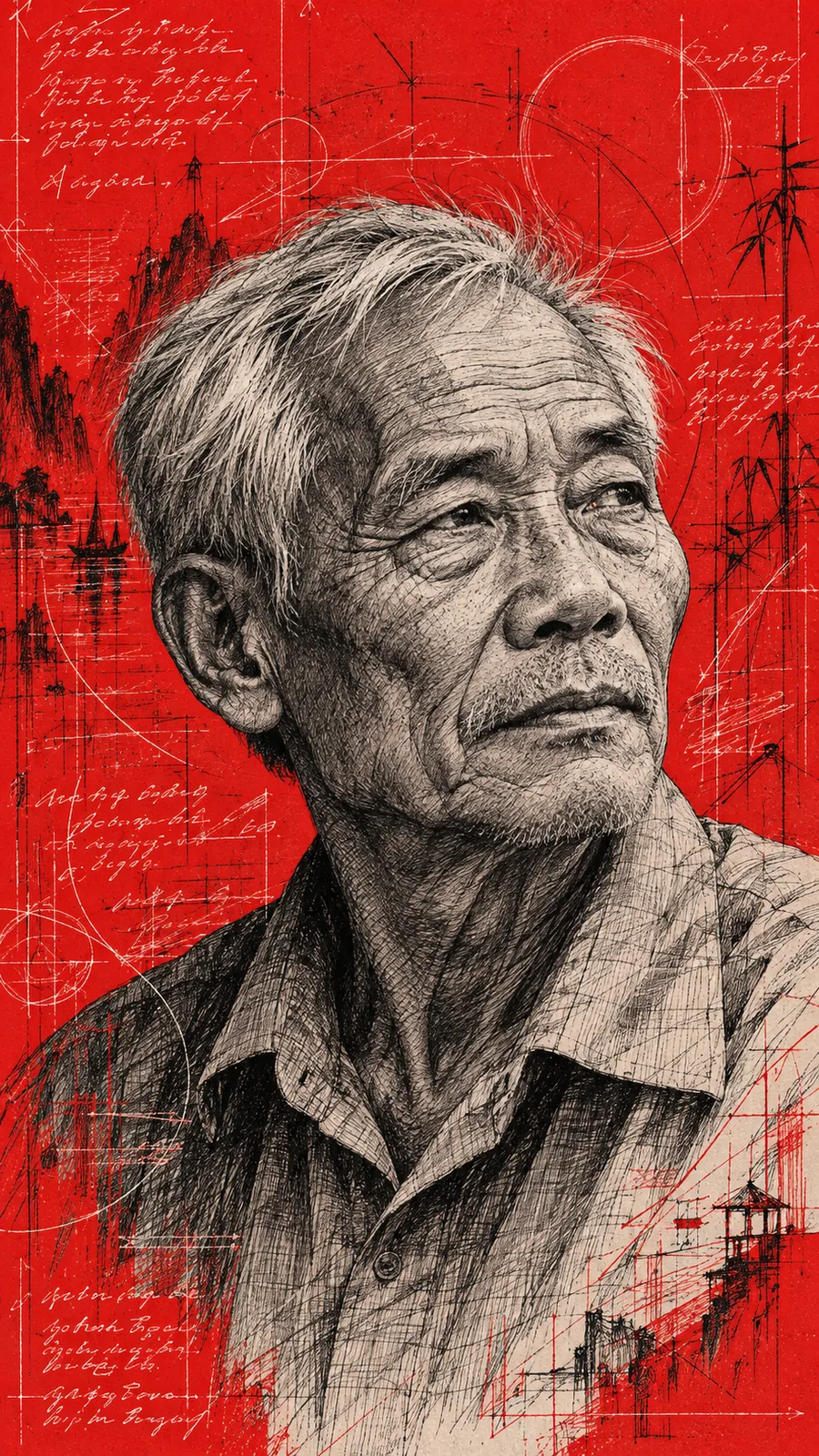 Tranh bút bi chuyển mực đen trên nền đỏ: gạch chéo dày đặc, ghi chú trắng, kiểu poster zine