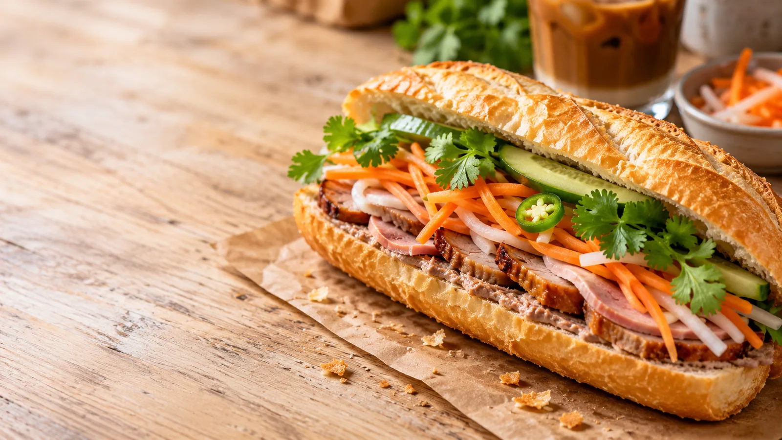 Ảnh bánh mì thịt nguội cận cảnh cho thực đơn, Google Business, app giao hàng: vỏ giòn, đồ chua, ngò, ánh sáng tự nhiên