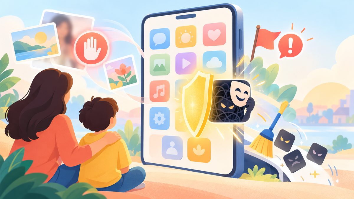 Minh họa một chiếc điện thoại lớn với lưới biểu tượng ứng dụng, một tấm khiên phát sáng chặn một ứng dụng có hình mặt nạ đang tháo ra để lộ bên trong, cạnh đó là phụ huynh và con đứng xem.