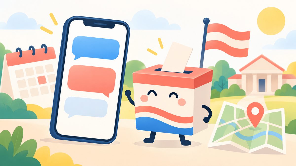 Minh họa một chiếc điện thoại hiển thị khung chat bên cạnh thùng phiếu, lá cờ nhỏ và tấm bản đồ có ghim đánh dấu điểm bỏ phiếu.