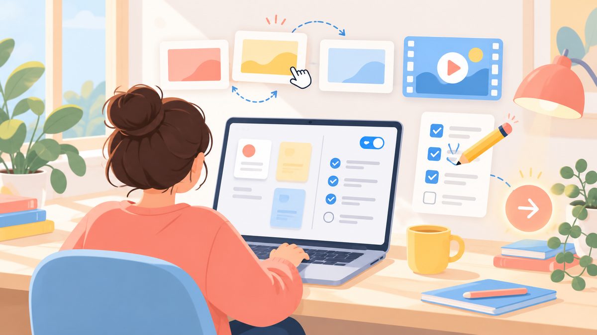 Minh họa một người ngồi trước laptop có bảng dàn ý với nút bật duyệt, phía trên là các khung slide đang được sắp xếp lại và một khung video, thể hiện việc duyệt dàn ý trước khi tạo slide và video.