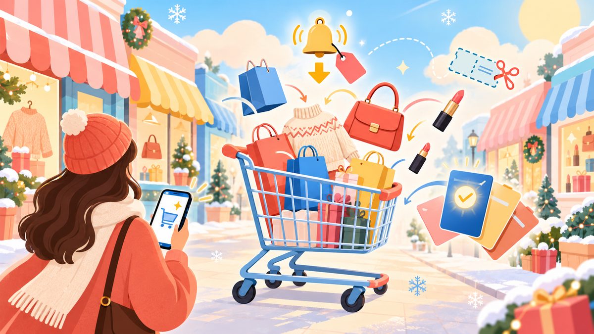 Minh họa một chiếc xe đẩy mua sắm lớn đang gom túi đồ từ nhiều mặt tiền cửa hàng khác nhau, phía trên có chuông báo giảm giá, thẻ phiếu giảm giá và vài thẻ thanh toán đặt cạnh nhau.