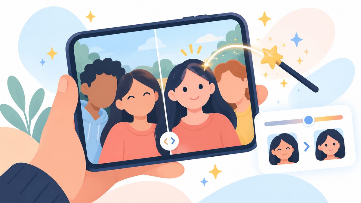 Minh họa điện thoại chỉnh ảnh nhóm bạn, đũa phép AI biến đôi mắt đang nhắm của một người thành mắt mở, có thanh trượt so sánh trước và sau.
