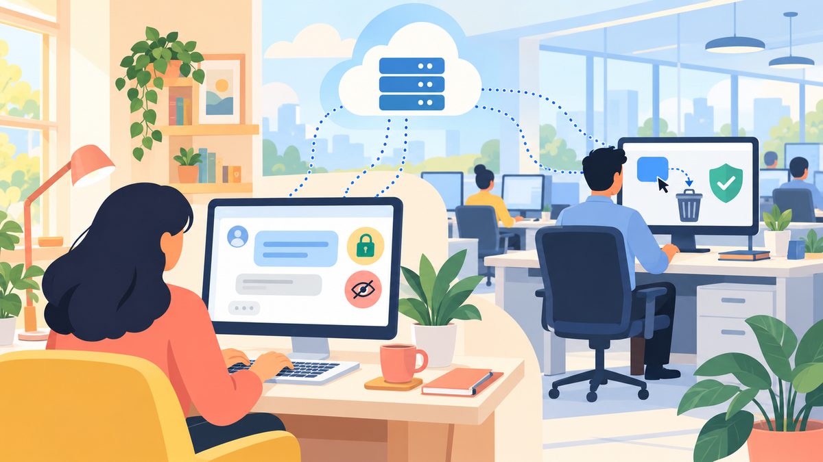 Minh họa nhân viên IT kéo biểu tượng ứng dụng chat vào thùng rác trên màn hình văn phòng, cạnh tấm khiên; phía trước là người dùng gõ vào khung chat với ổ khóa nhắc giữ an toàn dữ liệu cá nhân.