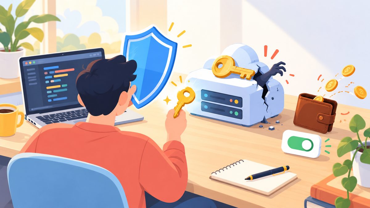 Minh họa chiếc chìa khóa vàng trên hộp máy chủ hình đám mây bị nứt, một bàn tay bóng tối với tới, người dùng giơ tấm khiên và chìa khóa mới, đồng xu bay khỏi ví.