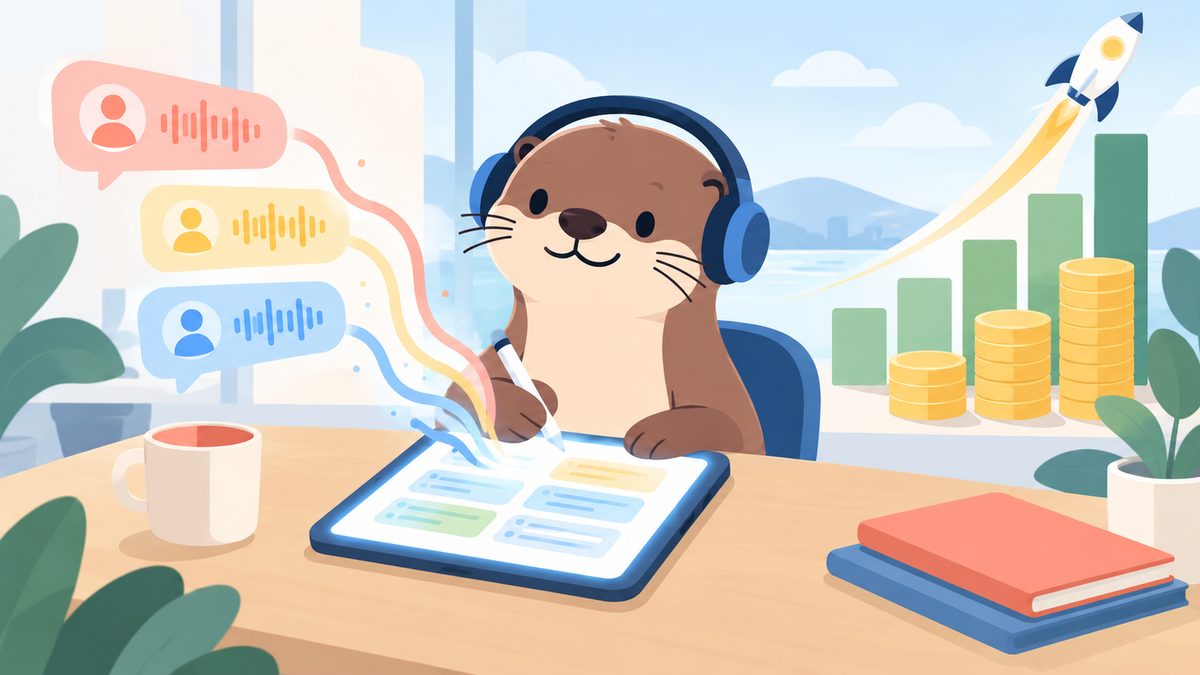 Minh họa chú rái cá đeo tai nghe ghi chép cuộc họp trên máy tính bảng, phía sau là chồng đồng xu và tên lửa nhỏ tượng trưng khoản vốn lớn để mở rộng.