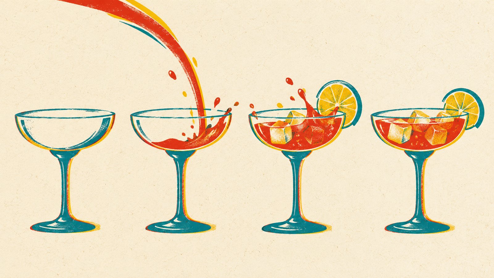 Ly cocktail được rót đầy từng lớp màu, bên cạnh là chữ ghi tên nguyên liệu và định lượng