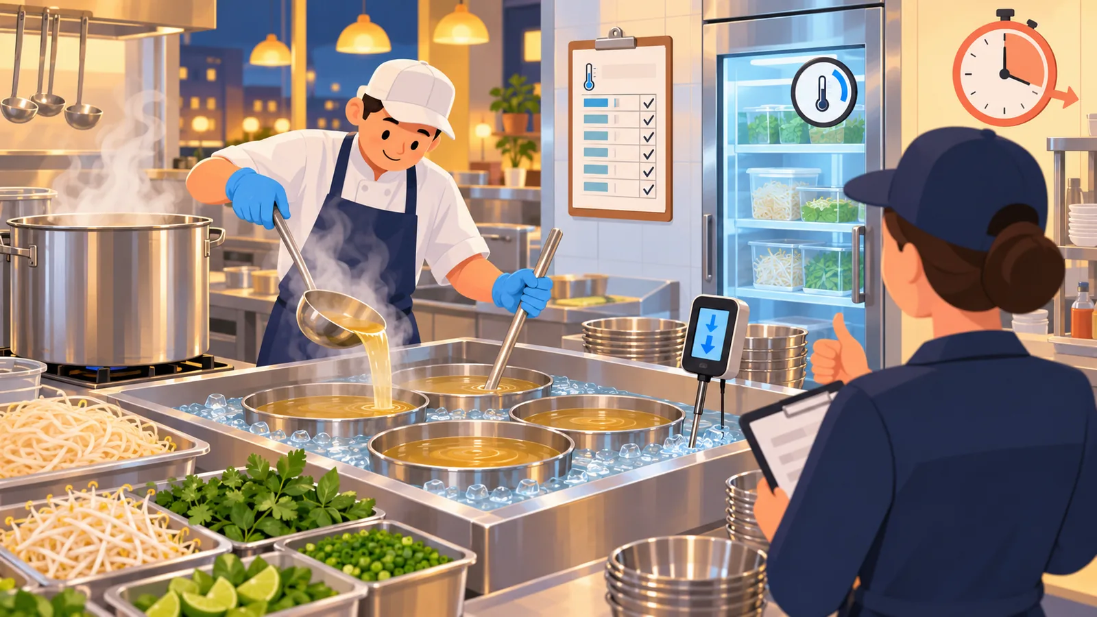 Tự kiểm tra trước đợt thanh tra vệ sinh nhà hàng Việt: bảng nhiệt độ, làm nguội nước lèo, sổ ghi chép song ngữ