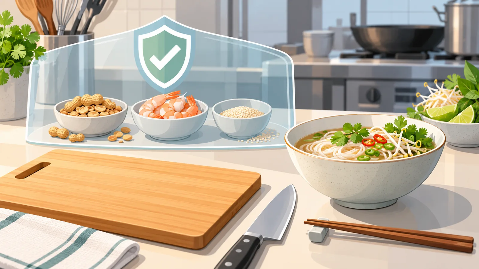 Khách báo dị ứng thức ăn ở quán Việt: hỏi đúng câu, phiếu báo bếp song ngữ, bảng món có đậu phộng, tôm, mè